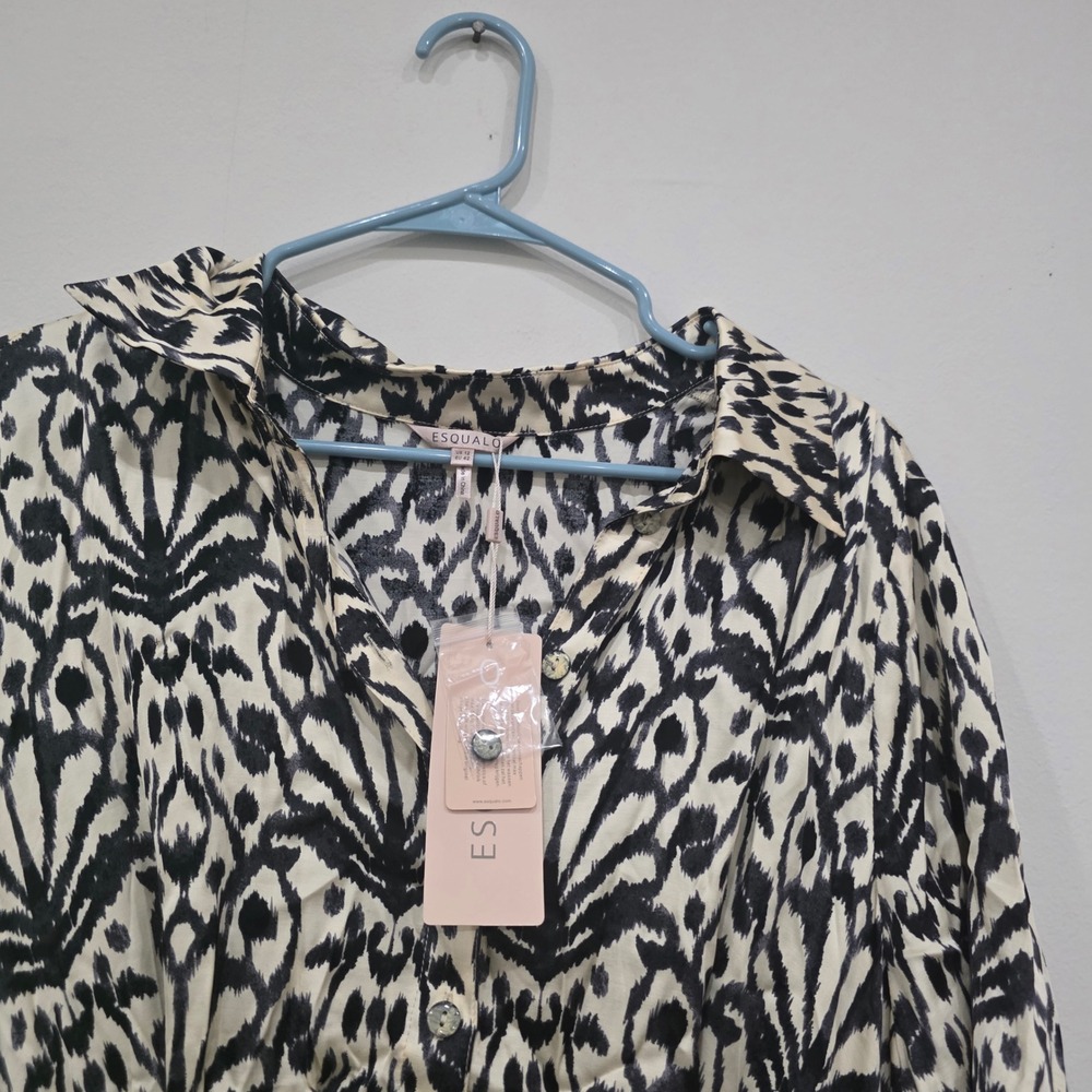 Esqualo Serendipity Black Cream Ikat Print Midi Button Down Dress Womens 12 NEW - Picture 8 of 9